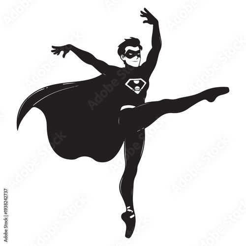 Dynamic illustration of a masked male figure with a flowing cape performing a classical ballet dance pose on pointe.