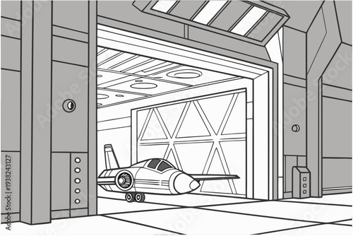 Spaceship hangar bay cartoon background simple vector illustration