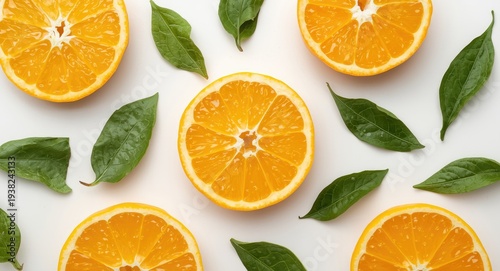 Bright segments of juicy clementine with scattered fresh leaves on white surface