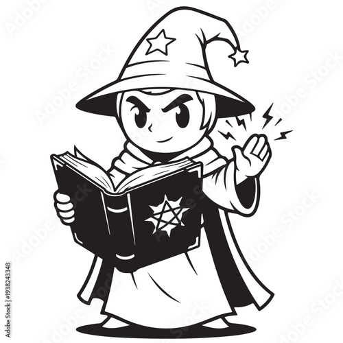 Cartoon Wizard Reading Spellbook and Casting Magic