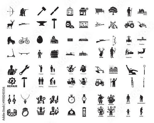 A collection of various black silhouettes of tools and objects on a white background silhouette