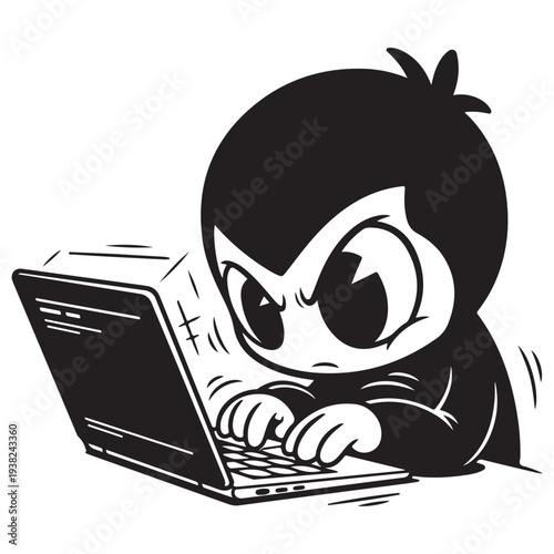 Intense Cartoon Character Vigorously Typing on Laptop