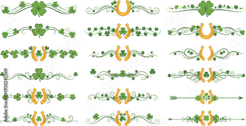 Saint Patrick Day Decorative Borders Collection with Clover Leaves, Horseshoes and Celtic Ornamental Dividers Vector Set