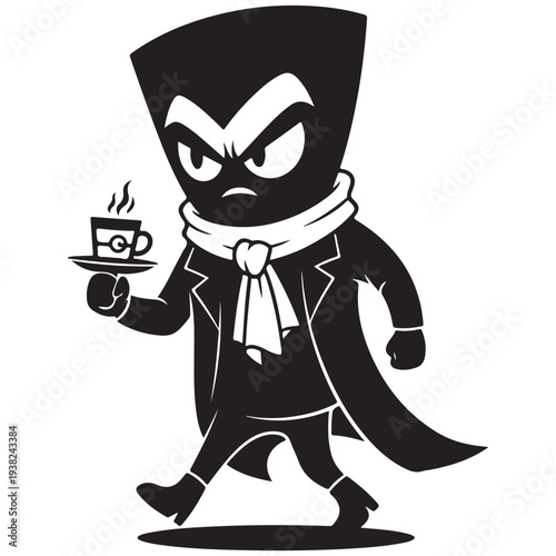 Grumpy Stylized Character in Coat and Scarf Walking with Steaming Coffee Cup