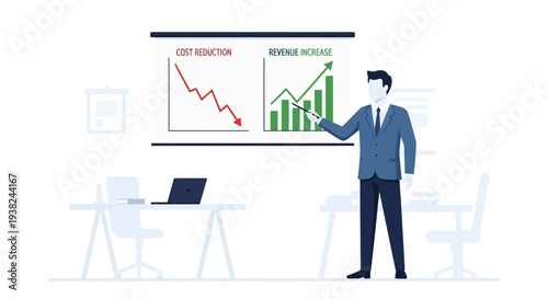 Businessman presenting financial data charts.