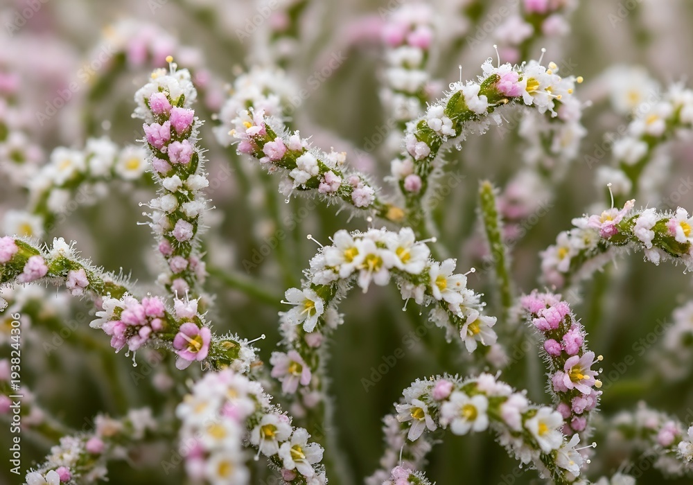 Obraz premium Delicate pink and white tiny flowers form curved floral arrangement closeup