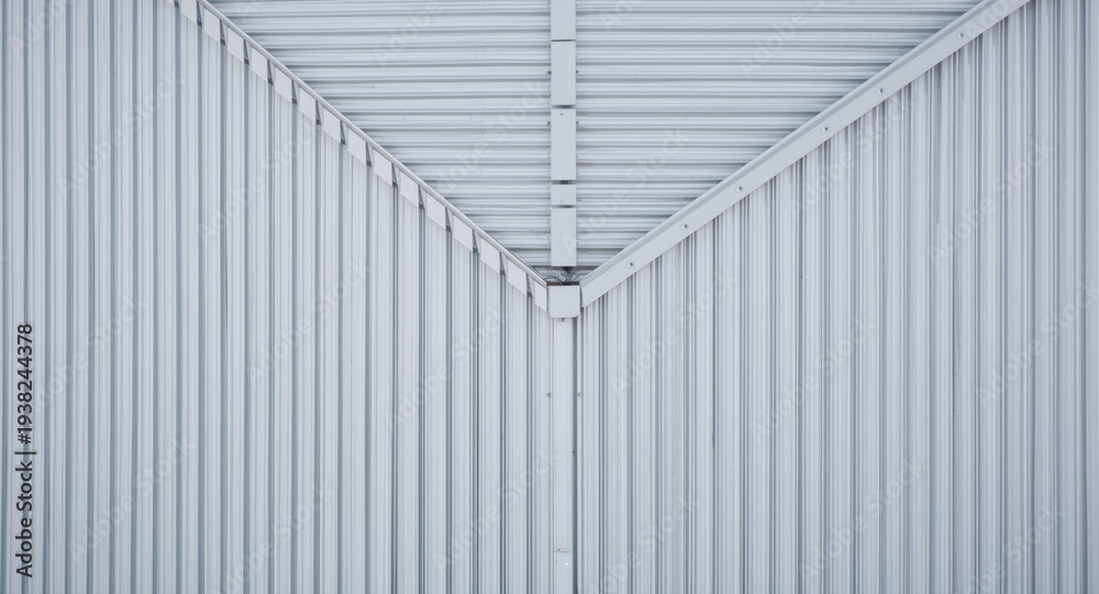 Obraz premium Birds eye composition of building roof with contemporary ribbed galvanized steel panels and fasteners