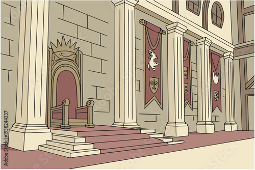Fantasy throne room hall cartoon background simple vector illustration