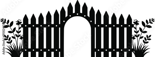 Black silhouette garden picket fence with arch gate and floral plants, decorative backyard entrance border design, vector illustration isolated on white background minimal style