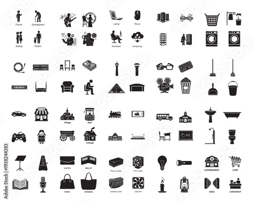 A collection of various black silhouettes of everyday objects and items against a white background silhouette