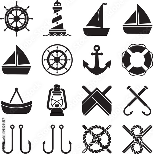 Black nautical icons and symbols for maritime and sailing related concepts