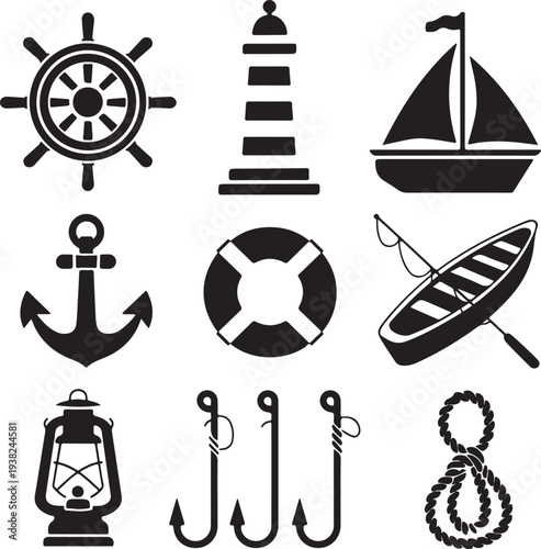 Nautical icons including ship wheel lighthouse sailboat anchor life preserver