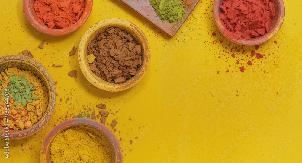 Obraz premium Colorful vibrant festival powders displayed in bowls with ample copy space on a bright backdrop