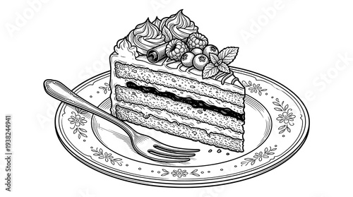 Cake slice with berries  fork.