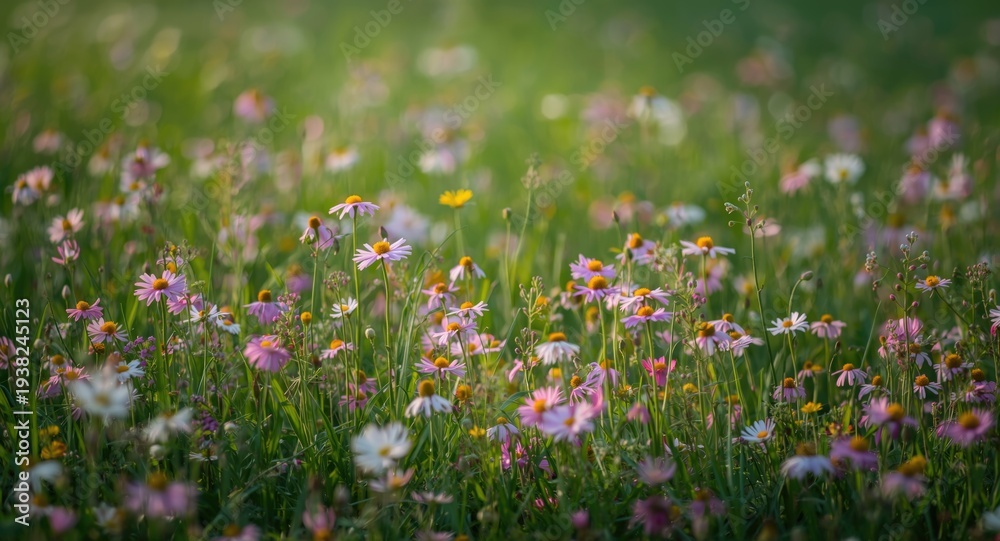 Fototapeta premium Bright blooming flowers spread across a calm green meadow with subtle light