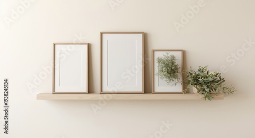 neutral colored shelf wall displaying trio of bare frames with fresh foliage for large format print