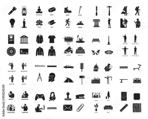 A collection of various icons in silhouette mode on a white background