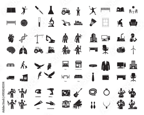 A collection of various black silhouettes of objects and people on a white background in silhouette mode