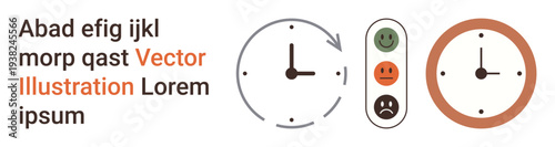 Productivity, time management, feedback, efficiency, workflow, emotion tracking. Illustration of clocks and happy face feedback. Time management and productivity concepts