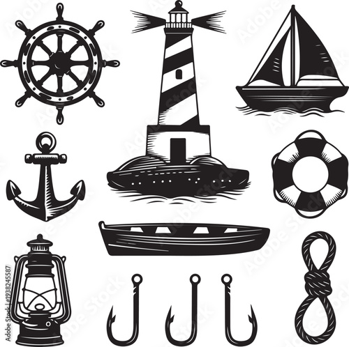 Nautical icons and symbols for maritime and sailing themes