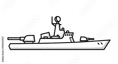Simple Black and White Warship Illustration.
