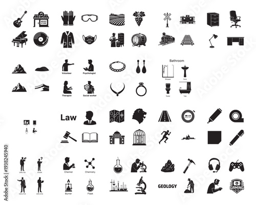 A collection of various black silhouettes on a white background including law and geology icons silhouette