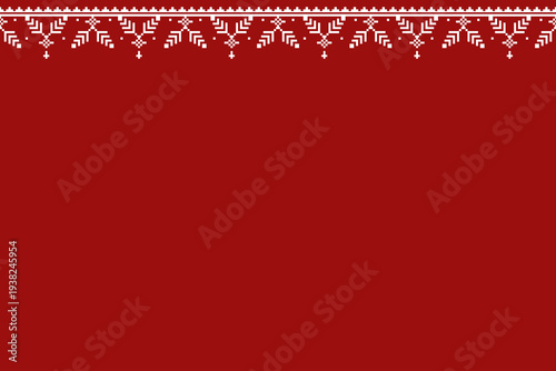 Red and white pixel border positioned along the upper edge with repeating chevron and cross motifs. A horizontal decorative trim above a wide red negative space for textile layout use.