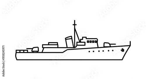 Simple Black and White Warship Illustration.