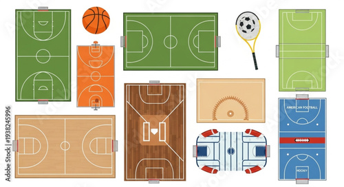Collection of Various Sports Fields and Courts Top View.