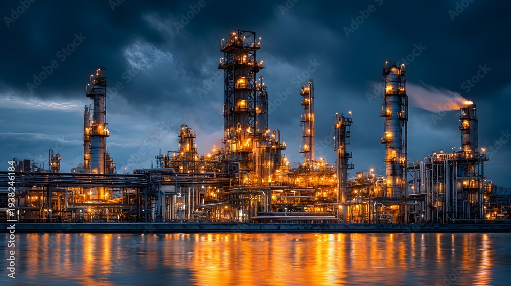 Fototapeta premium Spectacular sprawling oil refinery glowing with thousands of golden amber lights under a dramatic deep blue twilight sky, intricate pipes.