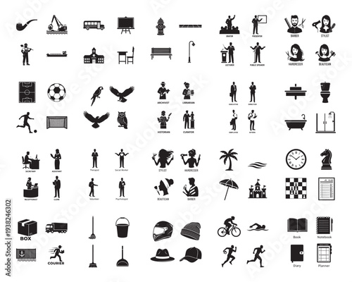 A collection of various black silhouettes on a white background including people, objects, and animals in silhouette mode