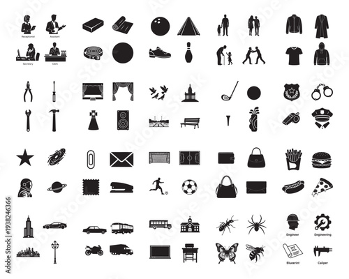 A collection of various objects and symbols in silhouette mode