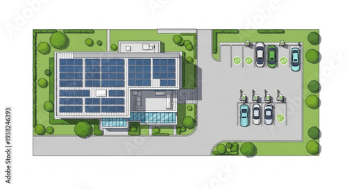 Aerial view of a modern building with solar panels and parking lot.