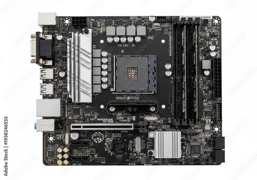 Fototapeta premium A detailed top view of a computer motherboard showcasing various components and circuitry on a dark background with numerous connectors and a central processing unit