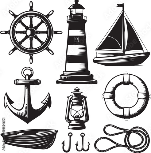 Nautical icons including lighthouse ship wheel anchor and life preserver