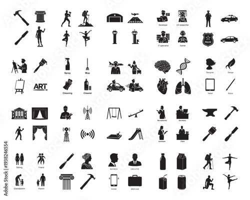 A collection of various black silhouettes depicting people at work and leisure activities silhouette