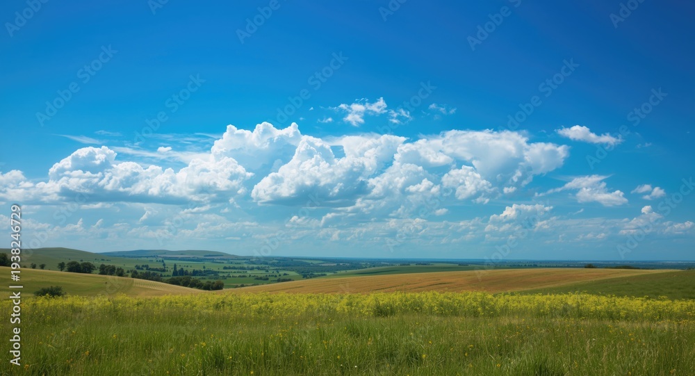 Fototapeta premium Electric blue sky with white cumulus clouds floating above a tranquil natural horizon