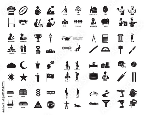 A collection of various icons in silhouette mode on a white background