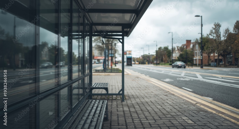 Obraz premium sidewalk bus stop captured from a low camera angle