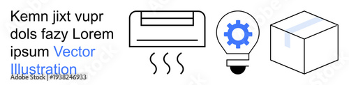 Climate control, technology innovation, energy efficiency, delivery services, packaging solutions, industrial design. Air conditioner, light bulb with gear and box icons. Climate control