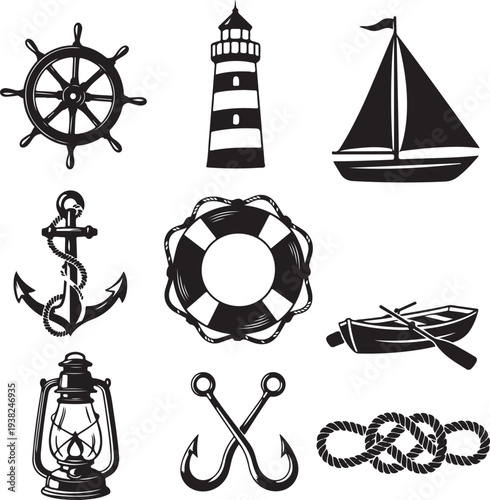 Nautical icons including ship wheel lighthouse sailboat anchor life preserver