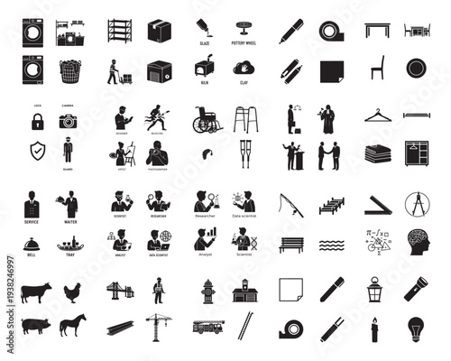 A collection of various black silhouettes of objects and people on a white background in silhouette mode