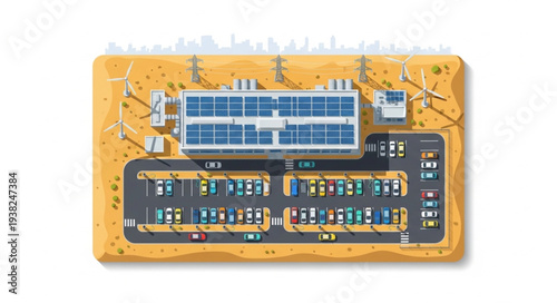 Aerial view of a solar power plant with parking lot and cars.