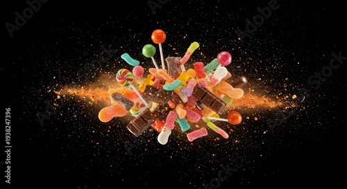 Sweet Explosion: A vibrant explosion of colorful candies bursts against a dark backdrop, creating a playful and exciting visual treat. 