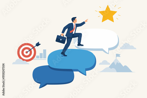 Professional businessman climbing speech bubble steps to reach a shining star, symbolizing effective communication, strategic discussion, and teamwork to achieve career goals and success.