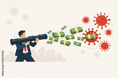 Businessman Shooting Money from Bazooka at Coronavirus Cells, Representing Economic Stimulus Package, Quantitative Easing, Financial Aid, and Government Intervention to Save Global Economy Crisis.