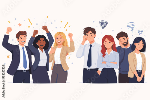 Happy and Sad Office Employees Comparison. Successful Team Celebrating with High Morale and Confetti versus Stressed Workers Feeling Burnout, Depression, and Low Job Satisfaction in Workplace.