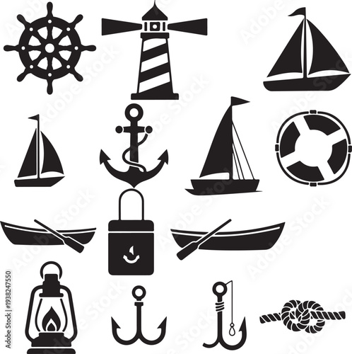 Nautical icons and symbols including boats anchors and locks