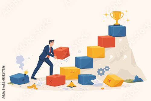 Businessman Building a Staircase of Blocks to Reach a Golden Trophy on a Mountain Peak, Overcoming Failures and Challenges to Achieve Success, Career Growth and Motivation Concept Illustration.