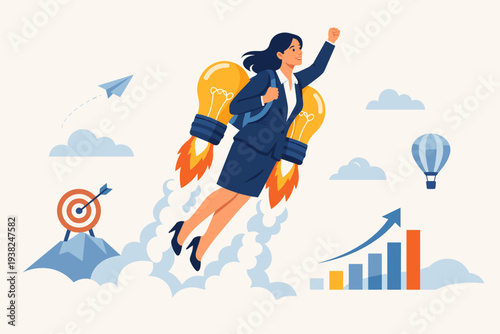 Businesswoman Flying with Light Bulb Jetpack as Symbol of Innovation, Creativity, and Motivation to Reach Success Goals, Career Growth, and High Productivity in Modern Corporate Environment.